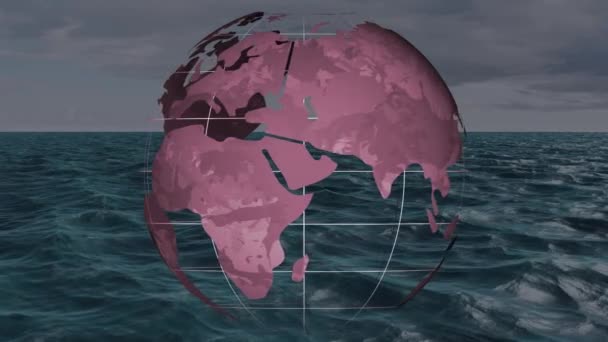 Κινούμενα Σχέδια Του Πλανήτη Που Περιστρέφονται Πάνω Από Θάλασσα Παγκόσμιες — Αρχείο Βίντεο
