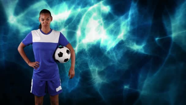 Jogador Futebol Segurando Bola Sobre Trilhas Luz Conceito Global Esportes — Vídeo de Stock