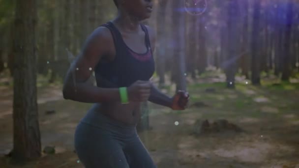 Ormanda Egzersiz Yapan Kadın Üzerindeki Bağlantı Ağının Animasyonu Küresel Bağlantılar — Stok video
