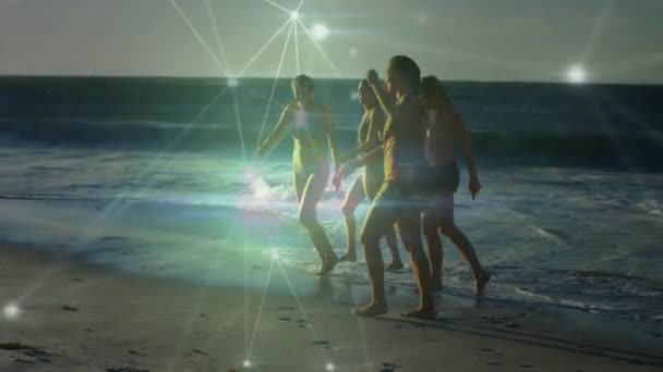 楽しい ビーチに沿って歩いている友人の幸せなグループ上の接続のネットワークのアニメーション デジタルで生成されたビデオを — ストック動画