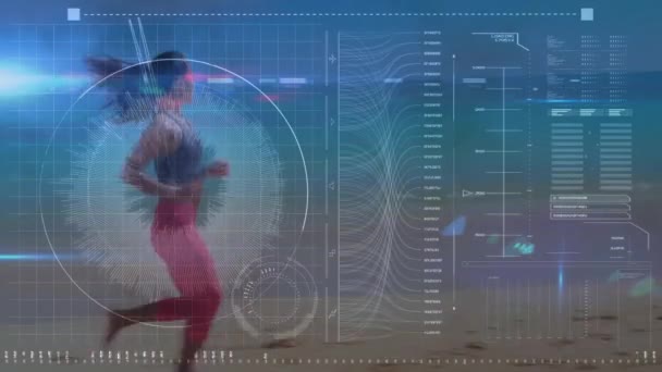 Animation Scope Scanning Data Processing Fit Woman Running Seaside Fitness — Stock Video