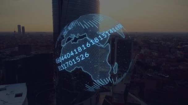 Animation Globe Spinning Data Processing Cityscape Global Connections Data Processing — Stock Video