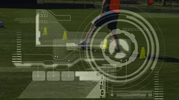 Animación Procesamiento Datos Escaneo Alcance Sobre Jugadores Fútbol Deportes Globales — Vídeo de stock