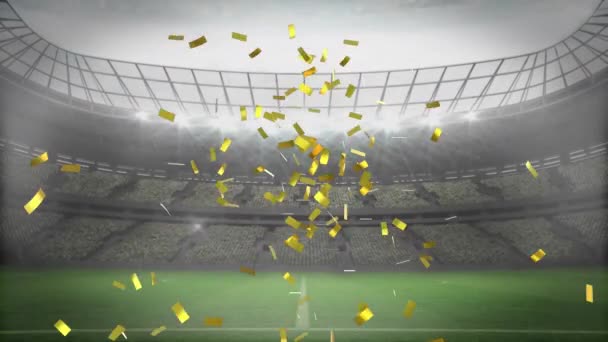 Animación Confeti Cayendo Sobre Fútbol Rompiendo Pared Cristal Estadio Deportivo — Vídeos de Stock
