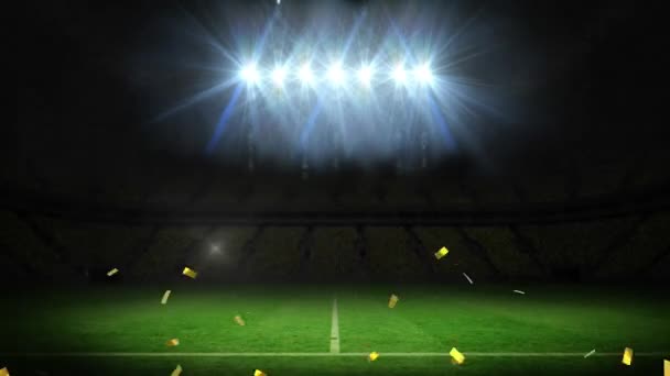 Animation Gold Confetti Falling Floodlit Pitch Sports Stadium Sport Victory — Stock Video