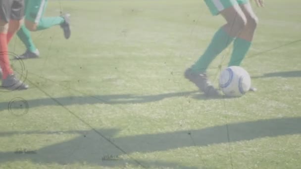 Animatie Van Gegevensverwerking Netwerk Van Verbindingen Voetballers Wereldwijde Sport Concurrentie — Stockvideo