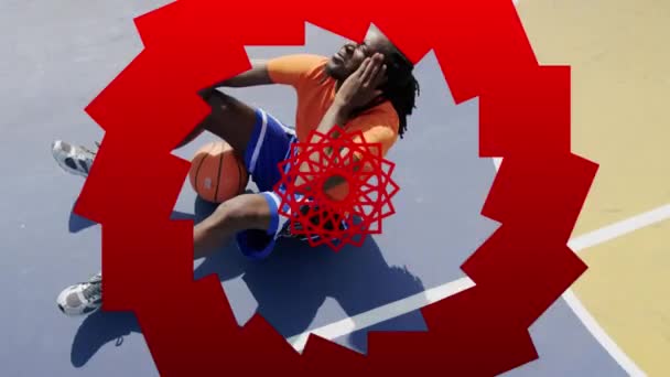 Animación Formas Rojas Sobre Jugador Baloncesto Con Pelota Concepto Deportes — Vídeos de Stock