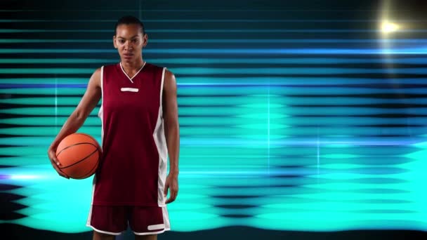 Animatie Van Basketbalspeler Met Bal Lichte Paden Mondiaal Concept Voor — Stockvideo