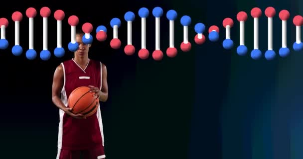 Animering Dna Strand Över Kvinnliga Basketspelare Som Håller Bollen Globalt — Stockvideo