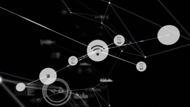 Animacja Sieci Połączeń Ikonami Czarnym Tle Połączenia Globalne Interfejs Cyfrowy — Wideo stockowe