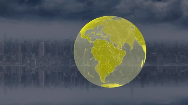 Animation Eines Globus Der Sich Über Dem Stadtbild Dreht Globale — Stockvideo