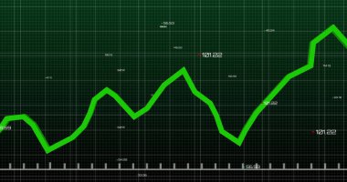Sayılar ve işaretleyicilerin dijital ekranda arttığı ve azaldığı bir ızgara üzerinde yeşil istatistiksel bir çizgi. Küresel finans ve istatistik kavramı dijital olarak oluşturulmuş görüntü.