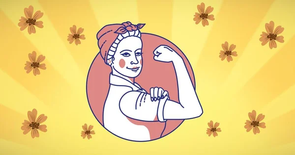 Sarı Arka Planda Kaslarını Sıkma Kompozisyonu Kız Gücü Pozitif Kadın — Stok fotoğraf