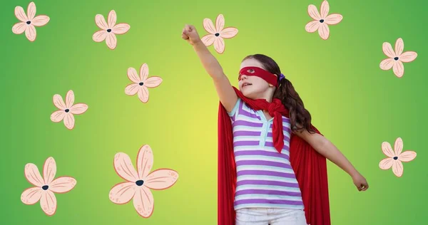 Composição Flores Sobre Menina Traje Super Herói Poder Menina Força — Fotografia de Stock