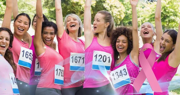 Composición Cinta Cáncer Mama Rosa Sobre Grupo Mujeres Sonrientes Imagen — Foto de Stock