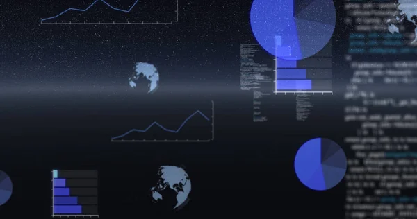 Bild Databehandling Glober Snurrande Och Statistik Inspelning Över Universum Digitalt — Stockfoto