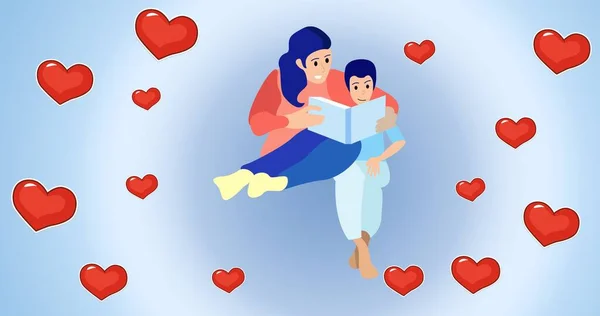 Mavi Arka Planda Kalp Ikonları Üzerinde Kucaklaşan Aile Kompozisyonu Mutlu — Stok fotoğraf