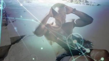 Açık havada egzersiz yapan insanlar üzerindeki bağlantı ağının animasyonu. global spor, fitness, veri işleme ve dijital arayüz kavramı dijital olarak oluşturulmuş video.