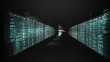 Siyah zemin üzerinde veri işleme ile birden fazla ekran üzerindeki duman efektinin dijital animasyonu. bilgisayar arayüzü ve teknoloji kavramı