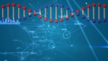 Bağlantılar ağının üzerinde dönen DNA ipliklerinin animasyonu. küresel bağlantılar, dijital arayüz ve teknoloji konsepti dijital olarak oluşturulmuş video.