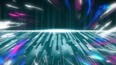 Mavi çizgiler ve ışıkların üzerinde pembe ve mavi dönen ışıkların animasyonu. Video oyunu, bağlantılar ve dijital olarak oluşturulmuş eğlence konsepti.