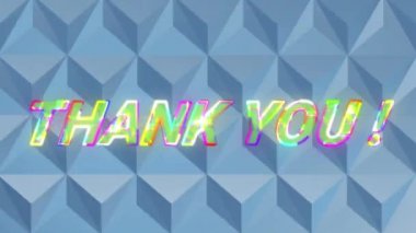 3D desenli mavi arka planda parlayan harflerle teşekkür metninin animasyonu. Video oyunu ve dijital arayüz kavramı dijital olarak oluşturuldu.