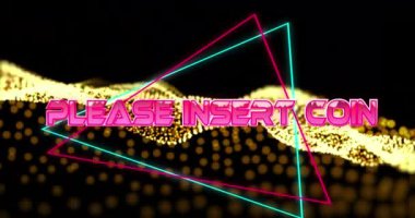 Lütfen sarı ağ üzerinde üçgenler olan metalik pembe harflere bozuk para metni yerleştirin. Video oyunu, iletişim ve eğlence konsepti dijital olarak oluşturuldu.