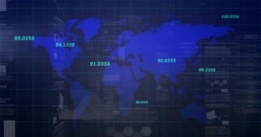 Dünya haritası üzerinde istatistik ve finansal veri işleme animasyonları. küresel finansman, iş ve veri işleme kavramı dijital olarak oluşturulmuş video.