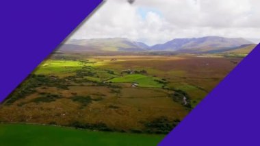 Mor köşegen çizgilerin animasyonu manzarayı ve gökyüzünü ortaya çıkarıyor. küresel bağlantılar ve dijital arayüz konsepti dijital olarak oluşturulmuş video.