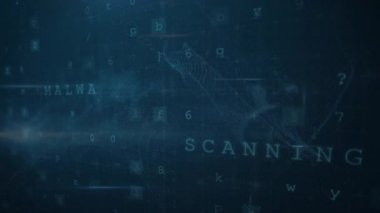 Karanlık arka planda asma kilit ve veri işleme animasyonu. küresel iletişim, iş dünyası, güvenlik, dijital arayüz ve teknoloji konsepti dijital olarak oluşturulmuş video.