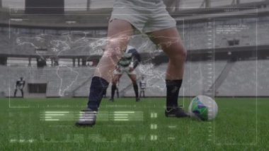 Spor stadyumundaki ragbi maçında veri işleme animasyonu. küresel spor, rekabet ve veri işleme kavramı dijital olarak oluşturulmuş video.