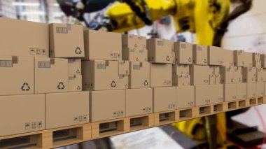 Depodaki taşıyıcı banttaki karton kutu yığınlarının animasyonu. küresel sevkiyat, dağıtım ve bağlantılar konsepti dijital olarak oluşturulmuş video.