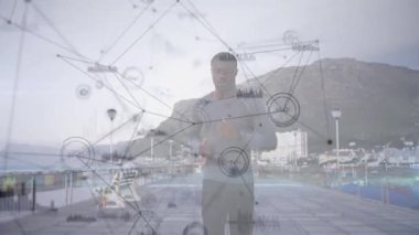 Bağlantılar ağının animasyonu ve insan koşusu üzerine veri işleme. global spor, fitness, sağlıklı yaşam tarzı ve dijital olarak üretilen veri işleme konsepti.