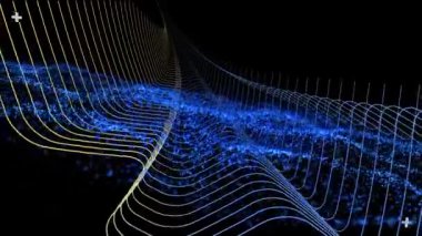 Paralel sarı ve mavi eğri çizgiler üzerinde yüzen mavi parçacıkların animasyonu, siyah üzerinde hareket ediyor. küresel iletişim ağı ve dijital arayüz arkaplan kavramı dijital olarak oluşturulmuş video.