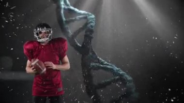 Amerikan futbolcusu üzerinde DNA iplikçiklerinin dönüşünün ve veri işlemesinin animasyonu. küresel spor, rekabet ve veri işleme kavramı dijital olarak oluşturulmuş video.