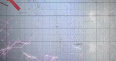 Izgara üzerinde istatistik ve veri işleme ile kırmızı çizgilerin animasyonu. küresel iş, dijital arayüz ve teknoloji konsepti dijital olarak oluşturulmuş video.