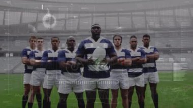 Spor stadyumundaki ragbi maçında veri işleme animasyonu. küresel spor, rekabet ve veri işleme kavramı dijital olarak oluşturulmuş video.
