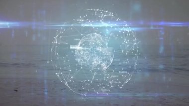 Kumsalda koşan zinde bir adamın üzerindeki dünya çapındaki bağlantıların animasyonu. spor ve yarışma konsepti dijital olarak oluşturulmuş video.