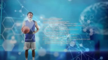 İnsan beyni animasyonu, veri işleme, basketbol oyuncusu üzerinden bağlantı ağı. global spor, rekabet ve bağlantılar dijital olarak oluşturulmuş video konsepti.