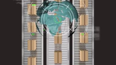 Konveyör bantlarında hareket eden mukavva kutuların üzerinde mikroskop taraması ve küre animasyonu. Dijital olarak üretilen video konsepti.