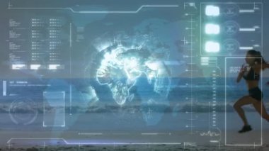 Plajda koşan fit bir kadının veri işleme animasyonu. spor ve yarışma konsepti dijital olarak oluşturulmuş video.