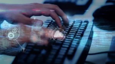 Bilgisayar klavyesinde yazan kişi yerine simgelerle bağlantı ağının animasyonu. küresel iş, veri işleme ve dijital arayüz kavramı dijital olarak oluşturulmuş video.