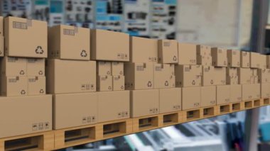 Depodaki taşıma bandındaki karton kutuların animasyonu. küresel sevkiyat, dağıtım ve bağlantılar konsepti dijital olarak oluşturulmuş video.