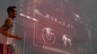 Plajda koşan zinde bir adamın veri işleme animasyonu. spor ve yarışma konsepti dijital olarak oluşturulmuş video.