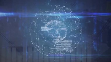 Küre ve veri işleme istatistiklerinin animasyonu. küresel iş, veri işleme ve dijital arayüz kavramı dijital olarak oluşturulmuş video.