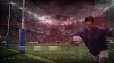 Spor stadyumundaki ragbi maçında ragbi oyuncusu üzerinden veri işleme animasyonu. küresel spor, rekabet ve veri işleme kavramı dijital olarak oluşturulmuş video.