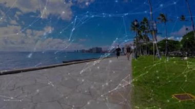 Bağlantılar ağının animasyonu ve insan koşusu üzerine veri işleme. global spor, fitness, sağlıklı yaşam tarzı ve dijital olarak üretilen veri işleme konsepti.