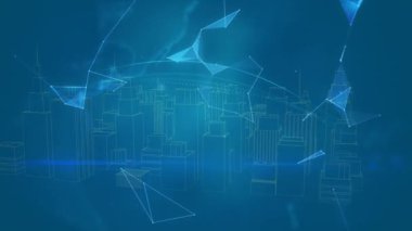 3D şehir çiziminin animasyonu dünya çapındaki bağlantı ağıyla dönüyor. küresel iş, bağlantılar ve veri işleme kavramı dijital olarak oluşturulmuş video.