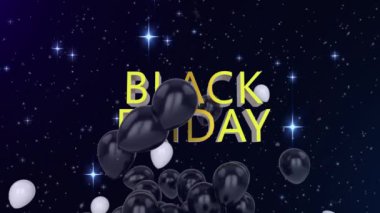 Siyah arka planda uçan beyaz ve siyah balonlu Kara Cuma metinlerinin animasyonu. parti ve kutlama konsepti dijital olarak oluşturulmuş video.