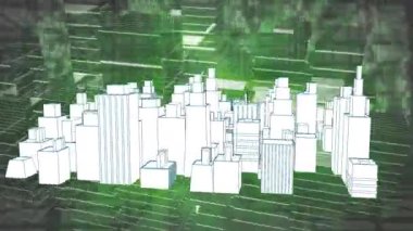 Şehrin etrafında dönen 3D şehir çiziminin animasyonu. küresel mimari, kentsel gelişim ve veri işleme kavramı dijital olarak oluşturulmuş video.